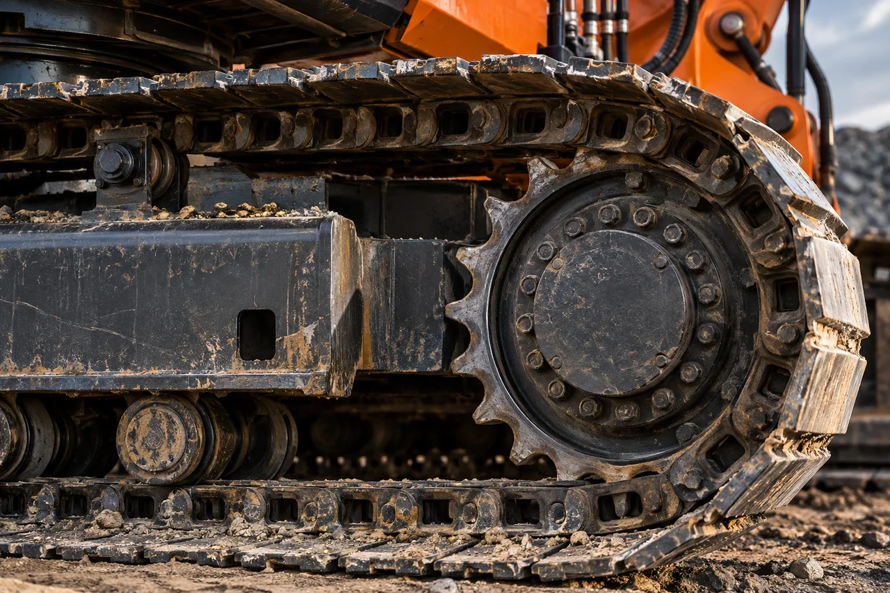 Illustration of heavy machinery steel tracks, drive sprockets, and mechanical components