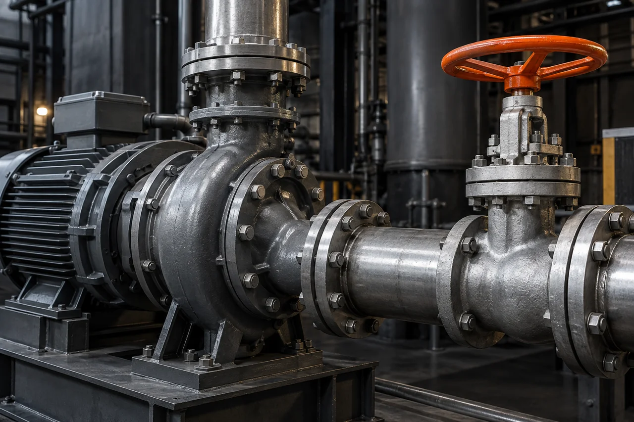 Illustration of an industrial pump and valve assembly with an orange handwheel